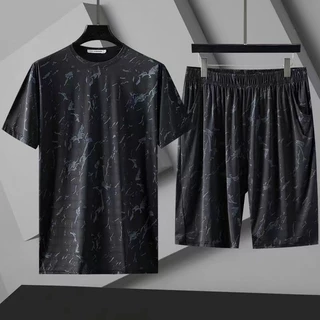 Bộ đồ thường ngày Bộ đồ thể thao ngắn tay Plus Size Summer Plus Fat Plus Loose Casual Sports Suit Male Fat Guy Plus Size Ice Silk Mesh Quần Short tay hai mảnh