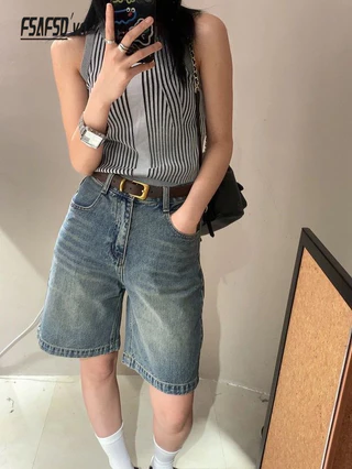 Quần short Denim cạp cao màu xanh nữ phong cách mỏng mặc ngoài mùa hè 2024 Phong cách mới dáng rộng mỏng hơn trông quần thẳng