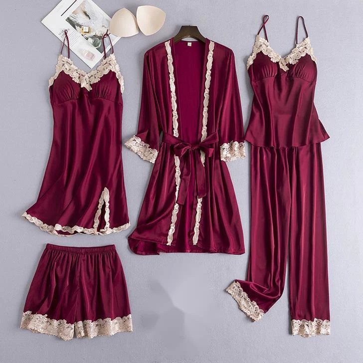 Thời Trang 5 Bộ Đồ Ngủ Nữ Pijama Có Miếng Lót Ngực Ice Silk Ren Đồ Ngủ Gợi Cảm