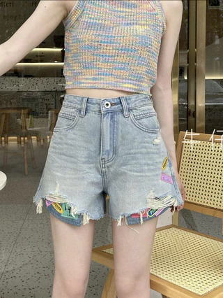 Quần short Denim rách dành cho nữ mùa hè, mỏng, lưng cao, dáng rộng, mỏng, chữ A cho người nhỏ, quần nóng vá hợp thời trang có thiết kế