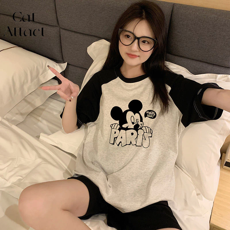 Bộ Đồ Ngủ Nữ Mùa Hè Cotton Nguyên Chất Tay Ngắn 2024 Phong Cách Mới Mùa Hè Hoạt Hình Dễ Thương Mickey Loungewear Set Xuân Thu