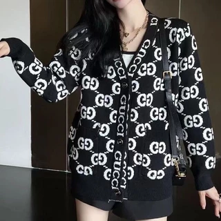 Áo len Cardigan cổ chữ V dệt kim chữ V màu đen trắng đầy đủ