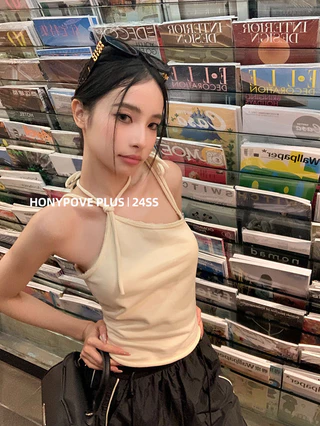 honypove Dây buộc dây áo yếm nữ mùa hè Hot Girl Slim-Fit Ngắn mơ mộng mặc ngoài