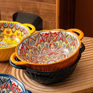 Giá trị nhan sắc cao Bohemian Double Ear Thang Bowl Bộ đồ ăn gốm gia đình Salad Bát mì ăn liền Bát bún ốc Bát