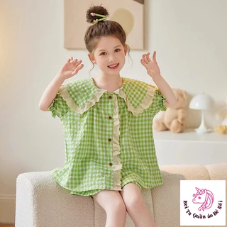 [Sản phẩm mới] Bộ đồ ngủ bé gái Ren mùa hè Kẻ sọc ngắn tay kiểu dáng mỏng vừa lớn cho trẻ em Bộ đồ dễ thương