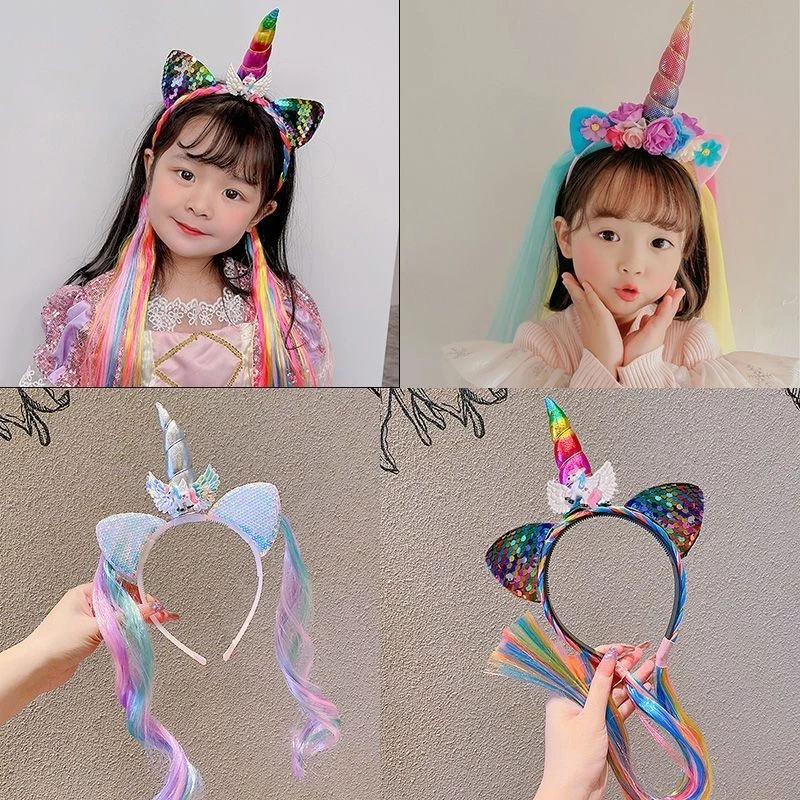 [Khuyến mãi] Trẻ em Dễ Thương Nhiều Màu Sắc Tóc Giả Kỳ Lân Băng Đô Phiên Bản Hàn Quốc Bé Gái Sinh Nhật Ngày Lễ Đạo Cụ Cho Bé Băng Đô Phụ Kiện Tóc