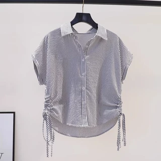 Bên Dây Rút Ren Dọc Sọc Áo Sơ Mi Nữ Flancing Bay Tay Áo Rời Mùa Hè 2023 Tencel Cotton Top