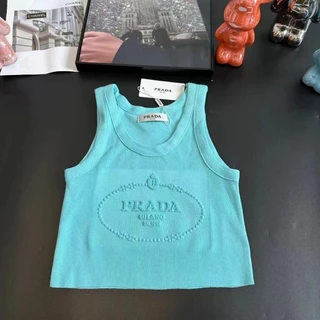 Prada Châu Âu Ga 2024 Mùa Hè Mới Cổ Tròn Áo Chui Đầu Dệt Kim Áo Vest Chữ Jacquard Mỏng Ngắn Top Cho Wo