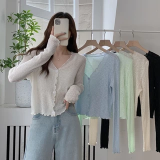 Thiết kế cổ chữ V Hàn Quốc với áo cardigan dài tay dệt kim chống nắng mỏng