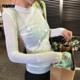 Phiên bản Hàn Quốc Sweet Hot Girl Swirl Craft Áo thun gạc bán trong suốt dành cho nữ Xuân Hè Phong cách mới Slim-fit Slimmer Look Long @