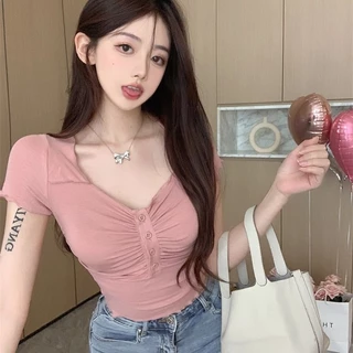 Lan ~ american Sweet Hot Girl Áo thun ngắn tay cổ chữ V dành cho nữ Mùa hè Thiết kế thích hợp Slim-Fit Slimmer Look Short Top