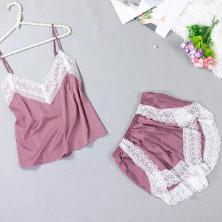 2024 Mới Băng Lụa Bộ Đồ Ngủ Nữ Ren Gợi Cảm Sling Quần Short Hai Mảnh Pijama