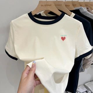 74113 Trái Tim Tình Yêu / Gấu Nhỏ / Con Chó Con Màu Sắc Tương Phản Cotton Nguyên Chất Áo Thun Nữ Tay Ngắn