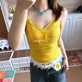 Hot Girl Màu Vàng Chấm Bi In Camisole Nữ Ren Khâu Nơ Thiết Kế Đáy Áo Sơ Mi Mùa Hè