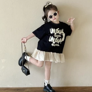 [Ưu đãi đặc biệt] Bé gái Mùa hè Phong cách mới Phiên bản Hàn Quốc giản dị Trẻ em Váy chắp vá Váy dáng rộng cho bé gái