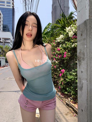 Xanh Mỏng Lưới Nhỏ Camisole Nữ Mùa Hè Slim fit Bên Trong Gợi Cảm Pure Desire Ngắn Tay Top Mặc Bên Ngoài