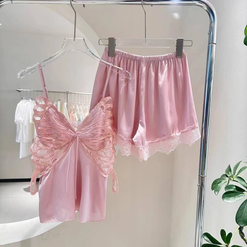 Bộ Đồ Ngủ Gợi Cảm Cho Nữ Băng Lụa Bướm Treo Quần Short Bộ Đồ Ngủ Có Miếng Lót Ngực Quần Áo Gia Đình