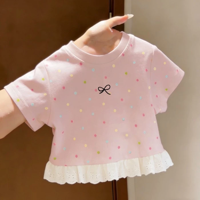 Áo thun ngắn tay cổ tròn cotton nguyên chất cho bé gái mới hàng đầu mỏng mùa hè dễ thương và đa