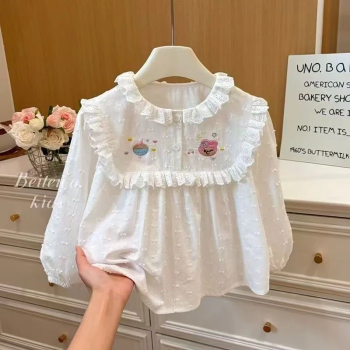 Bé Gái Mới Quần Áo Mùa Thu Áo sơ mi thêu trắng đa năng Bé Gái Phong Cách Hàn Quốc Thời Trang Thư