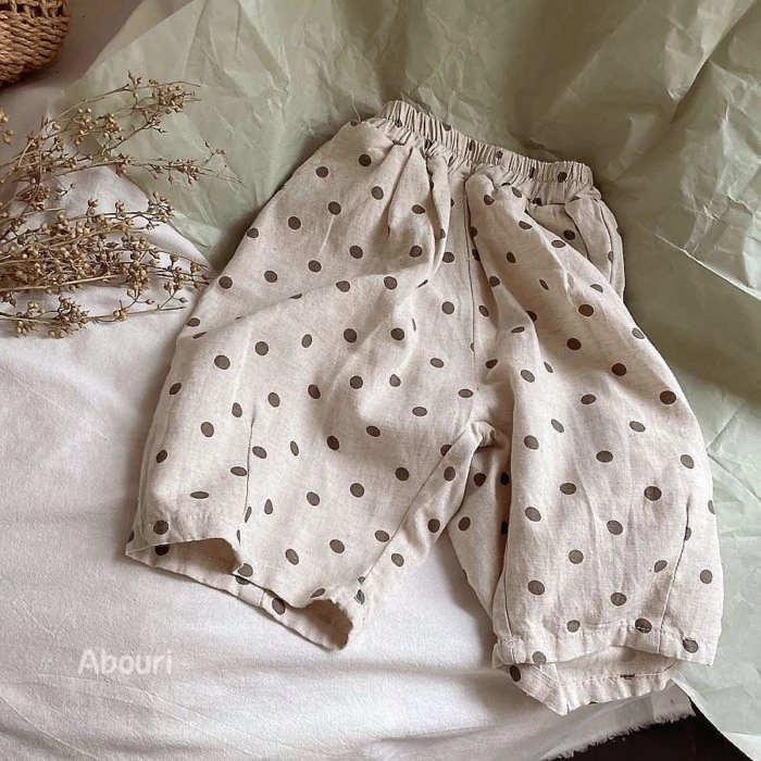 Quần cotton lanh vải lanh chấm bi mùa hè Hàn Quốc cho bé trai và bé gái, quần crop ống rộng thoả