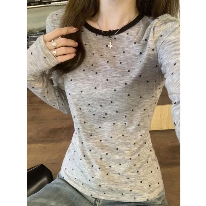 Phiên bản Hàn Quốc của Pure Desire Chấm bi Màu sắc tương phản Cổ áo dài tay T nữ Slim Fit Nic