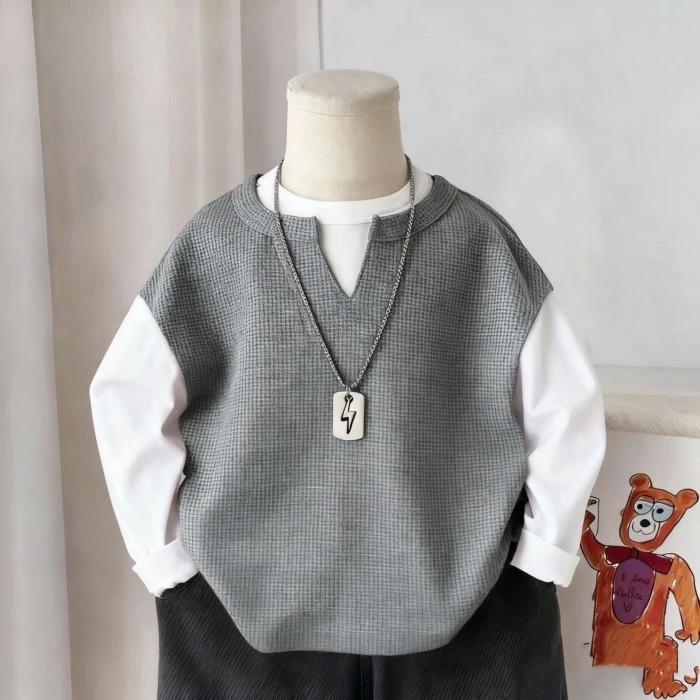 Áo thun vest nam dài tay cho bé trai và bé gái, áo waffle, áo thun chui đầu đẹp, áo thun giả hai dâ