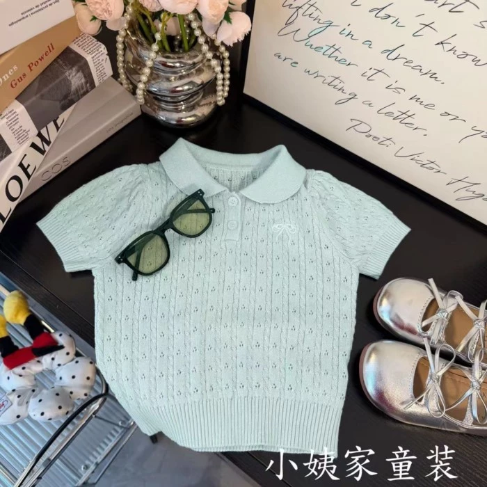 Quần áo bé gái phong cách Hàn Quốc có nơ, ve áo thời trang, áo len ngắn tay thời trang