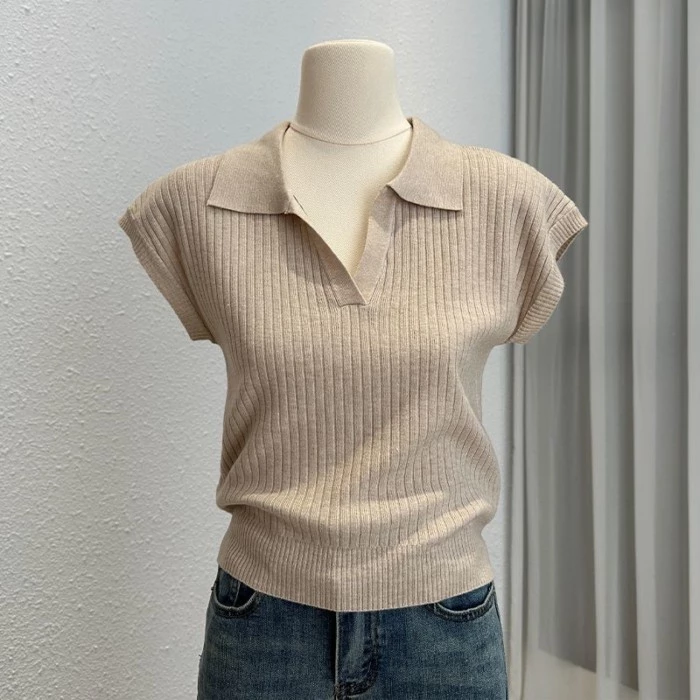 Áo thun dệt kim ngắn tay màu trơn cho nữ mùa thu, áo sơ mi dáng ôm cổ polo, áo sang trọng và phổ bi