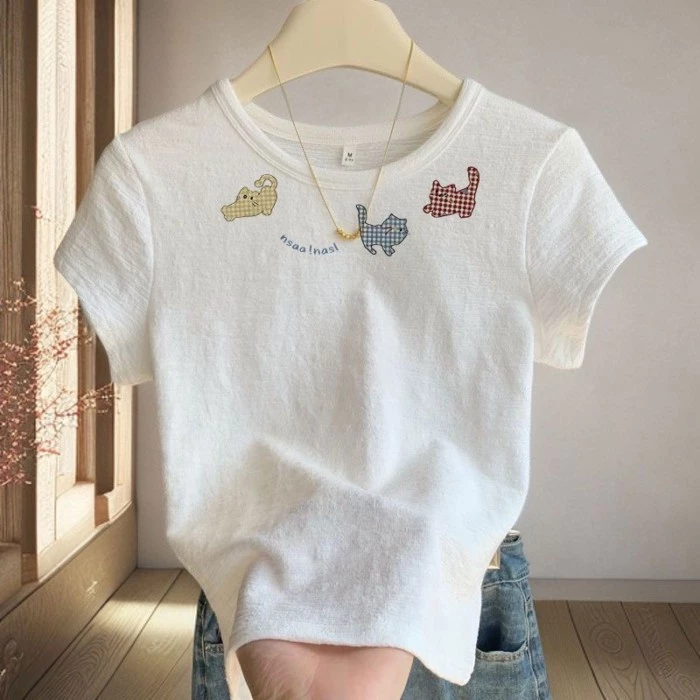Áo thun trắng in chữ hoạt hình mùa hè dành cho nữ Áo thun ngắn tay dành cho học sinh