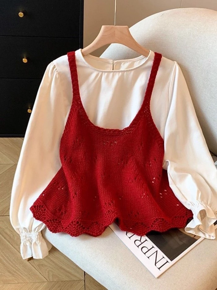 Áo len dệt kim rỗng ngọt ngào áo yếm áo khoác buổi sáng rộng rãi