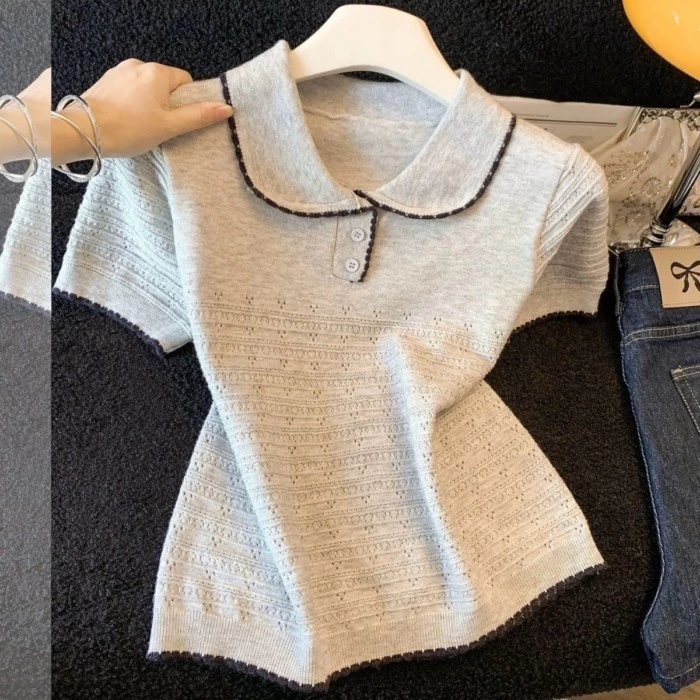 Áo thun polo họa tiết móc rỗng băng lụa nữ có cổ búp bê cao cấp Áo thun ôm