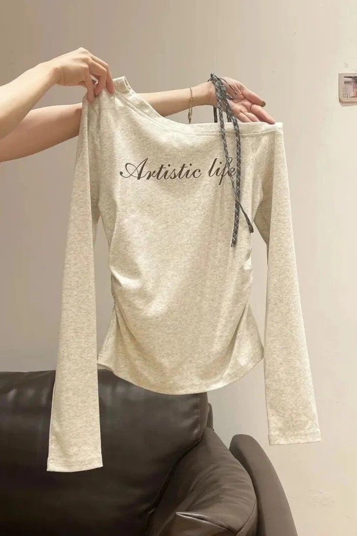 Áo thun dài tay in chữ kẻ sọc chéo vai màu xám hoa áo thun dáng ôm cho nữ