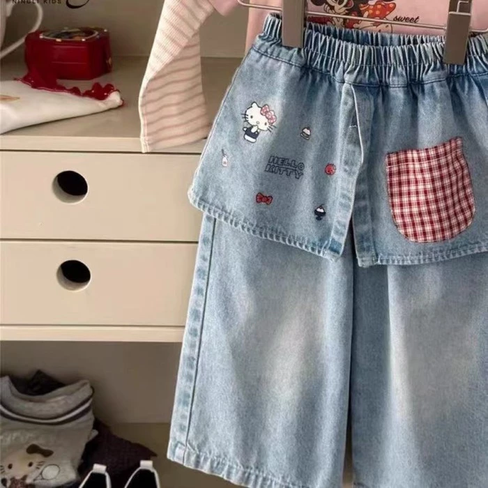 Quần jean mùa xuân phong cách hàn quốc cho bé gái, quần jeans in hình mèo con, quần áo mùa xuân bé