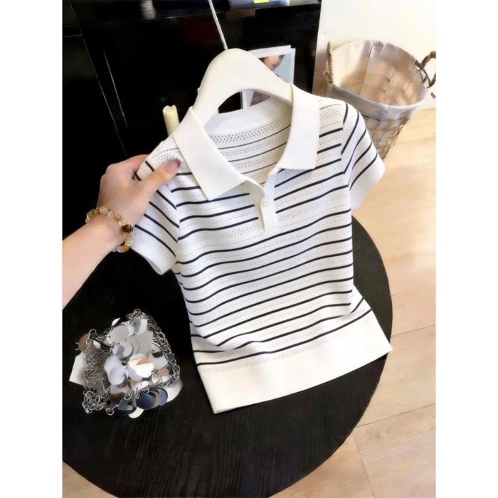 Áo len ngắn tay cổ POLO sọc sọc thời trang dành cho nữ mùa hè dáng ôm vừa vặn