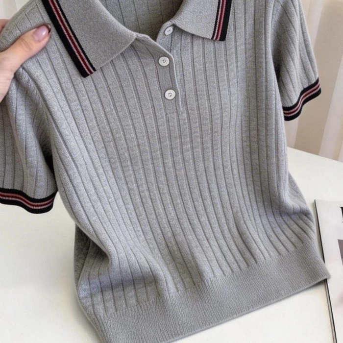 Áo sơ mi dệt kim màu xám sợi cotton phong cách Hàn Quốc mới, đa năng, thời trang, giảm béo, á