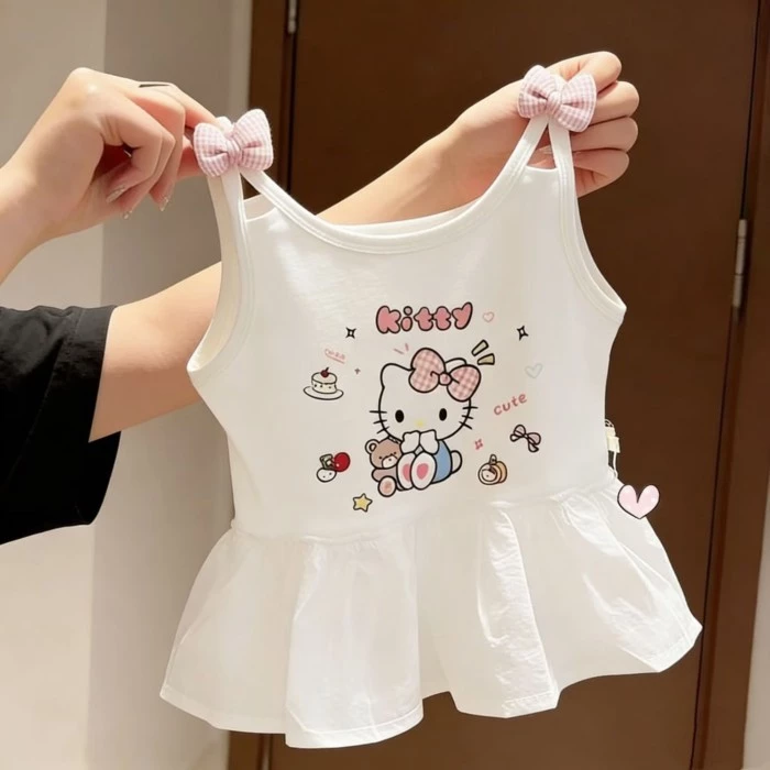 Áo thun có dây đeo ngọt ngào cho bé gái mùa hè nơ dễ thương hoạt hình kt áo vest không tay in hình