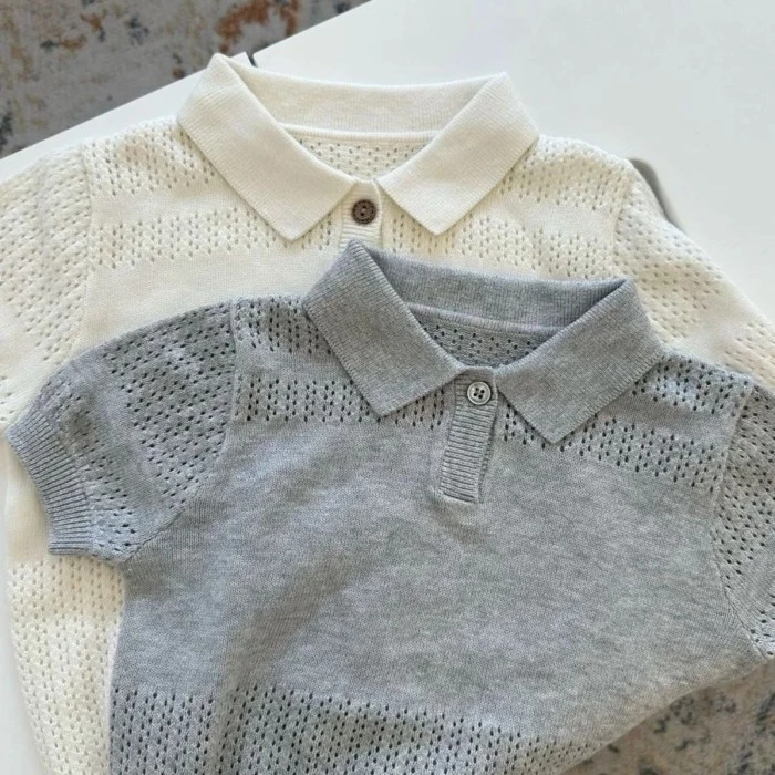 Quần áo trẻ em áo len ngắn tay rỗng áo sơ mi POLO có ve áo mỏng cho bé