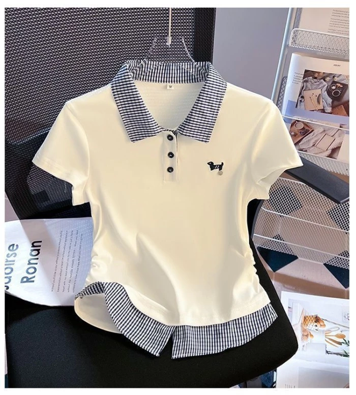 Áo thun ngắn tay cổ polo kẻ sọc cho phụ nữ, trẻ em từ trung niên trở lên, áo giảm béo ôm sát mùa hè