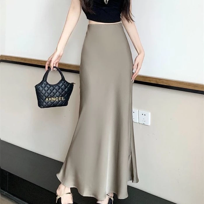 Váy nữ cao cấp, thanh lịch, dài vừa phải, cạp cao, che hông, xếp nếp Váy dài đuôi cá ôm hông chữ A