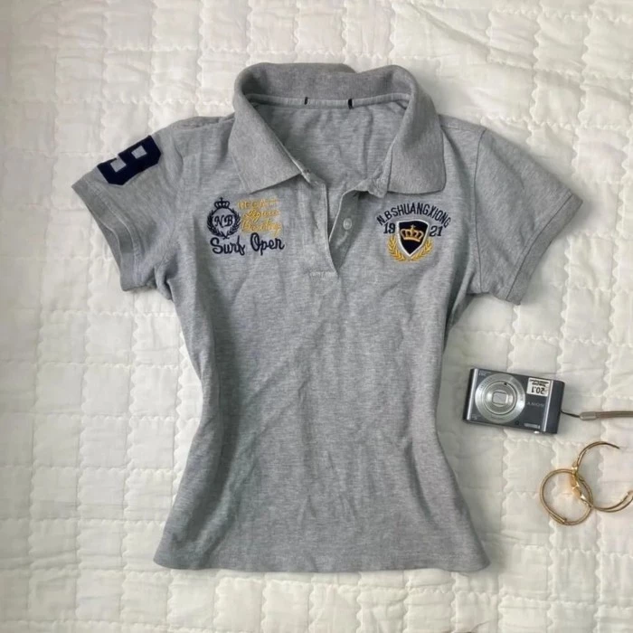 American retro cổ áo POLO vai phải ngắn tay cổ điển eo thon áo xám