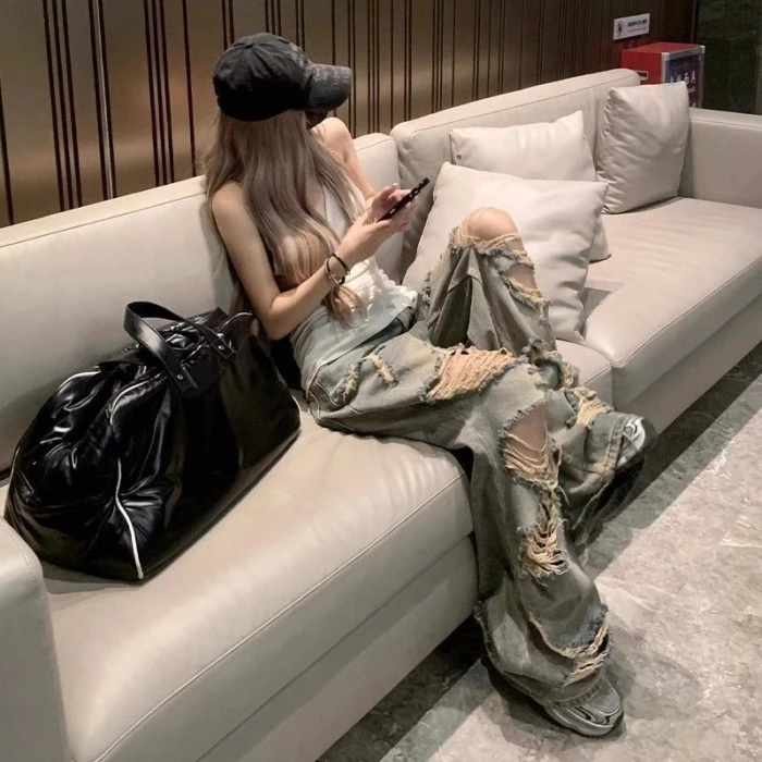 Quần denim rách cỡ lớn phong cách Mỹ quần ống rộng dạo phố