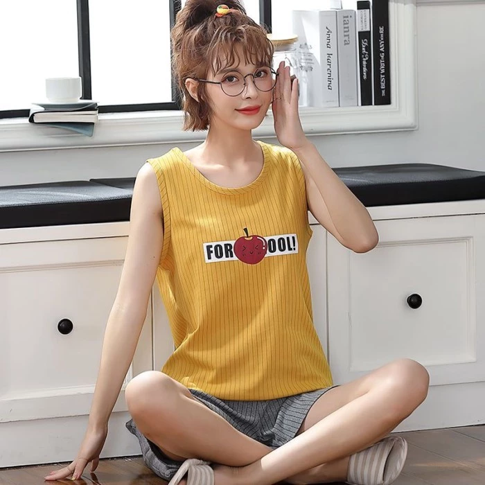 Bộ Đồ Ngủ Cho Nữ, Xuân Thu, Mùa Hè, Cotton, Áo Vest, Quần Short, Phong Cách Hàn Quốc, Tươi Mát