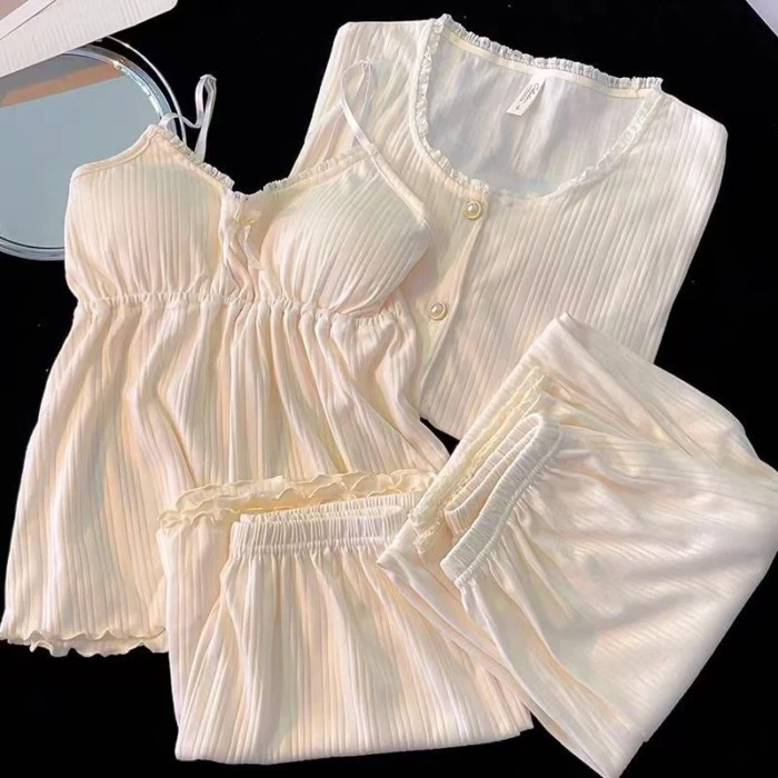 Bộ bốn món, Cotton, Pyjama nữ, Xuân Thu Hè, Quần Short Có Dây, Quần Dài Tay, Có Miếng Đệm Ngực, Gợi