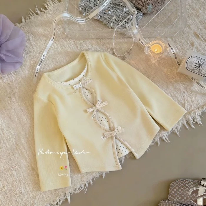 Người Yêu Mùa Xuân Ngọt Chấm Bi Màu Sắc Tương Phản Giả Hai Áo Thun Dài Tay Ngọt Nơ Dài Tay Mùa Xuân