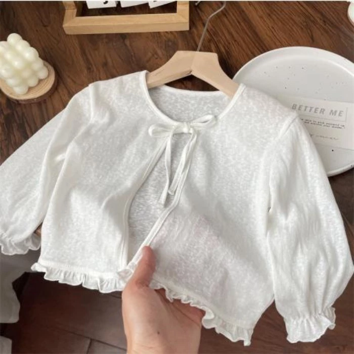 Cho Bé Mùa Hè Bé Gái Tre Cotton Edge Thắt Nơ Khăn Choàng Mỏng Nhỏ Áo Điều Hòa Áo Sơ Mi Chống