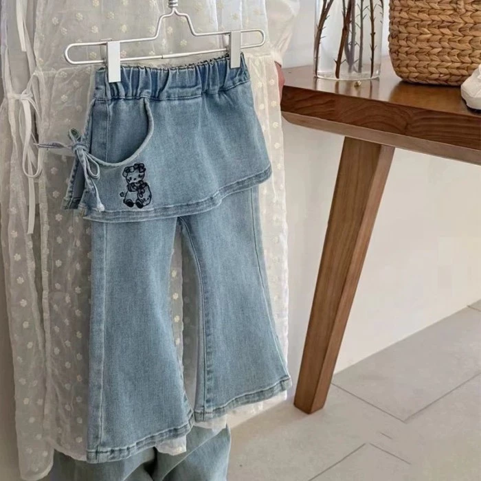 Quần áo trẻ em phong cách Hàn Quốc, quần xuân bé gái, quần jeans rèm mông xanh thời trang trẻ em ch