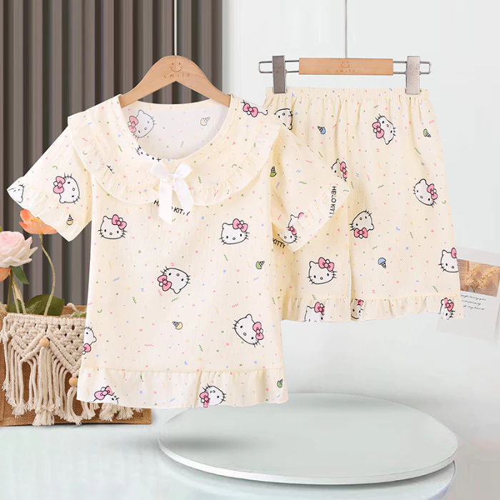 Giảm Giá Số Lượng Lớn Trẻ Em Tay Ngắn Cổ Búp Bê Váy Ngủ Phong Cách Nhật Bản Bộ Đồ Ngủ Bé Gái Poly-cotton Cho 7 - 8 Tuổi