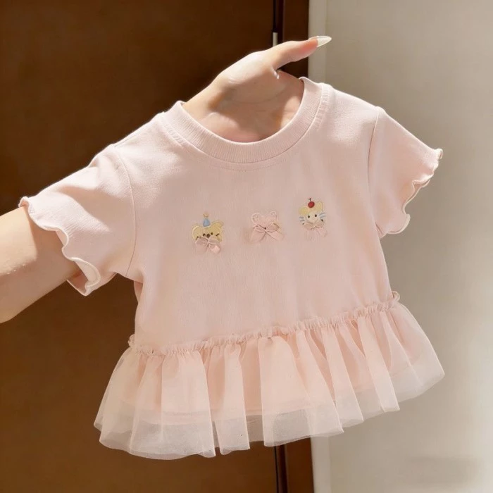 Bé Gái Mùa Hè Ren Áo Thun Tay Ngắn Trẻ Em Hoạt Hình Thêu Dễ Thương Cho Bé Nấm Top Phần Mỏng T