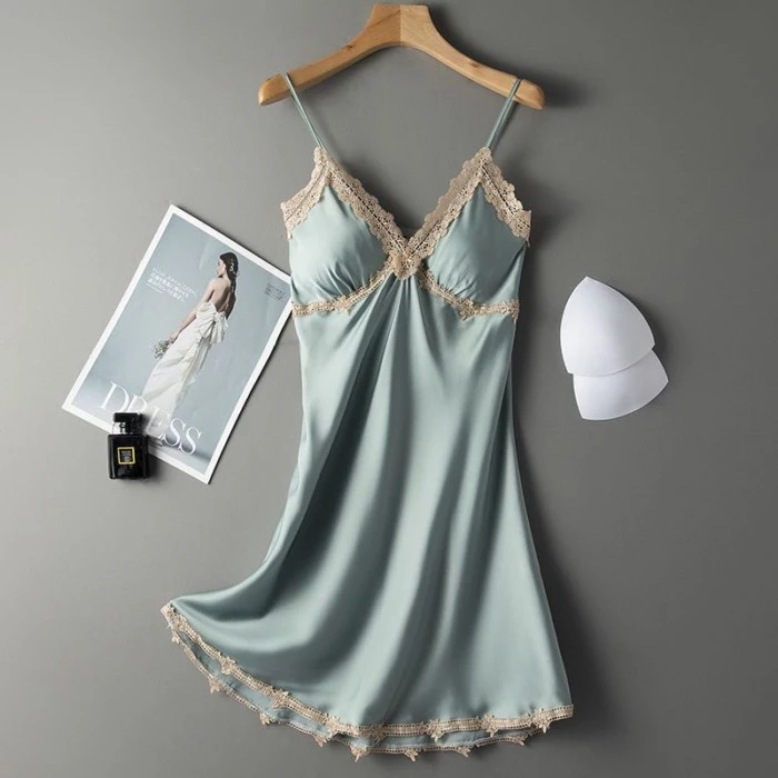 Mùa hè, gợi cảm, đồ ngủ nữ, lụa băng, ren, váy ngủ, lụa giả, mỏng, váy giữa, dây treo, vui nhộn,