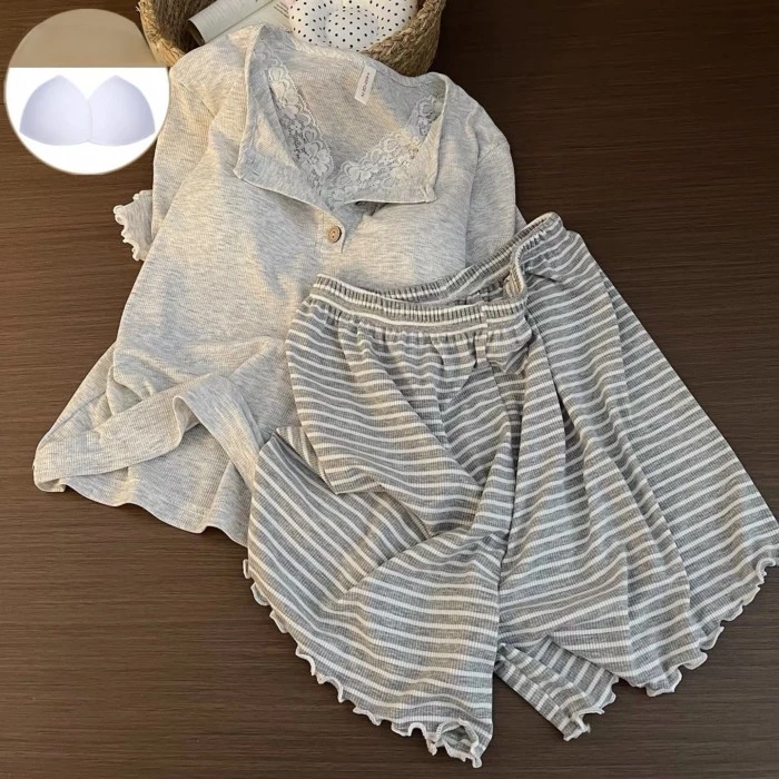 Bộ đồ ngủ mới màu xám ngọt ngào mùa hè dành cho nữ với bộ quần short ngắn tay cổ chữ V